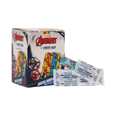 Bandages Adhesive Strip American® White Cross Stat Strip® 3/4 X 3 Inch Plastic Rectangle Kid Design (Black Panther / Captain America / Iron Man) Sterile (100/BX 12BX/CS) by Dukal Corporation  ID 1087837